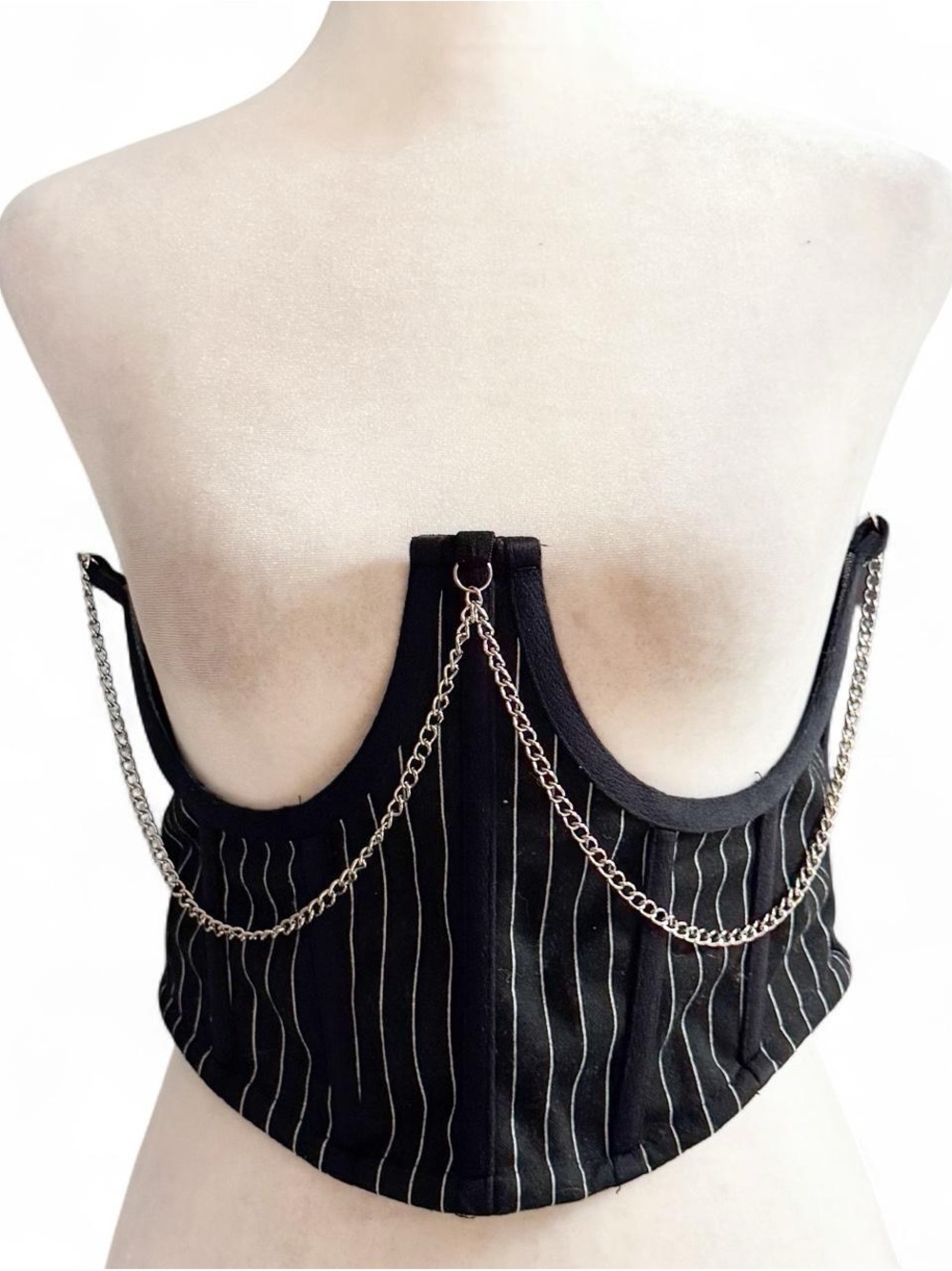 Spirit Pinstripe Corset Bustier Top w/ Chain Detail – Goth Punk – One Size